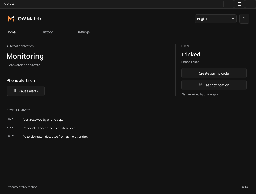 Current OW Match Windows app showing monitoring, phone pairing and recent alerts